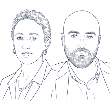 Portraits dessinés au trait de Tess Souquet-Basiege et Florent Avry, les deux avocats associés du cabinet